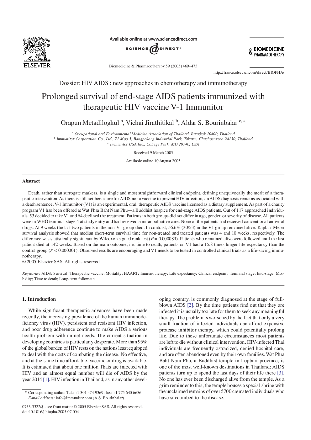 Prolonged survival of end-stage AIDS patients immunized with therapeutic HIV vaccine V-1 Immunitor