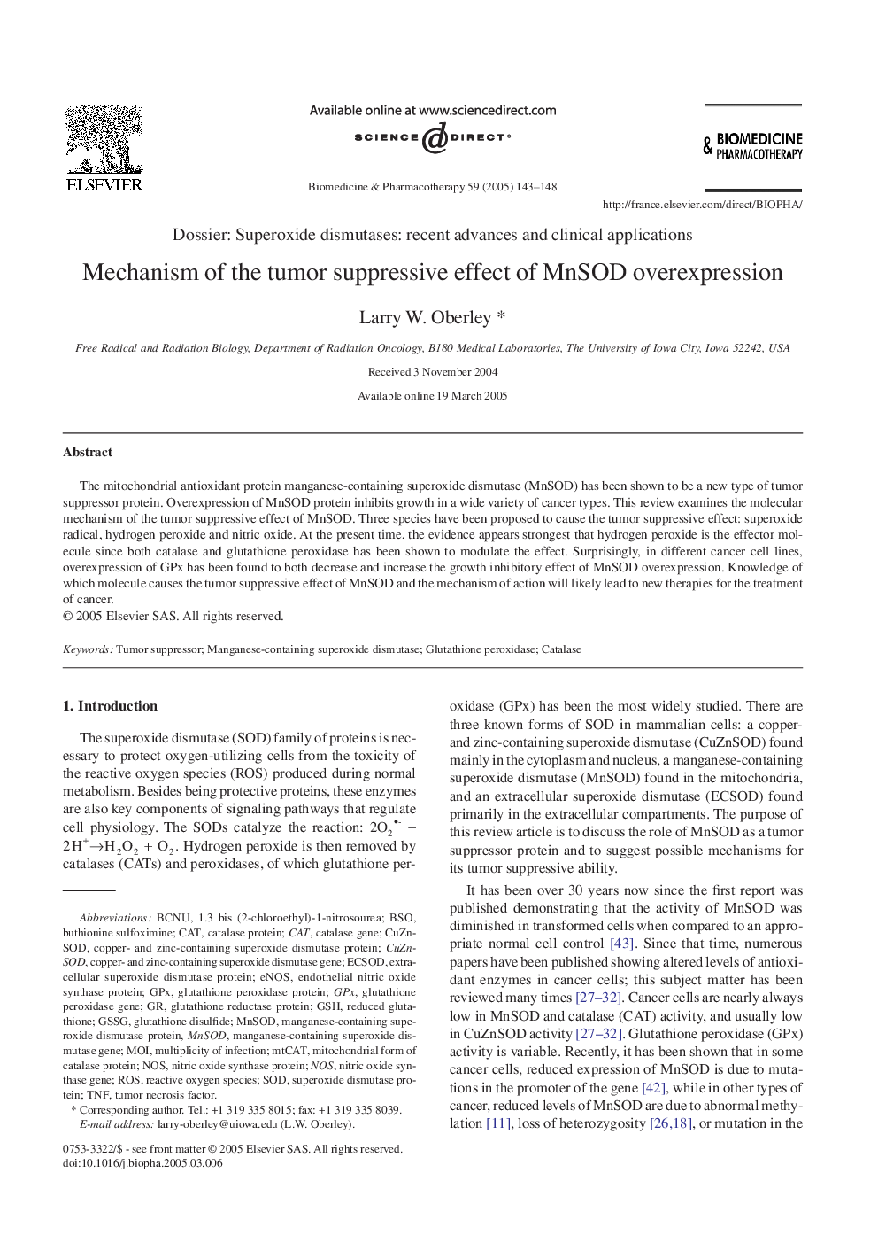 Mechanism of the tumor suppressive effect of MnSOD overexpression