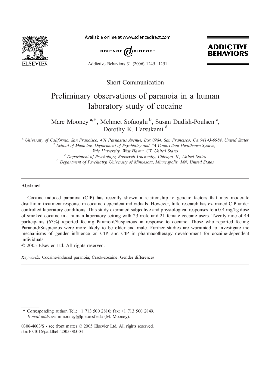 Preliminary observations of paranoia in a human laboratory study of cocaine