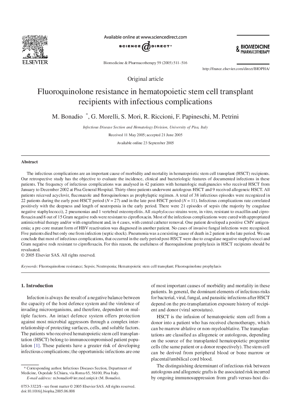 Fluoroquinolone resistance in hematopoietic stem cell transplant recipients with infectious complications