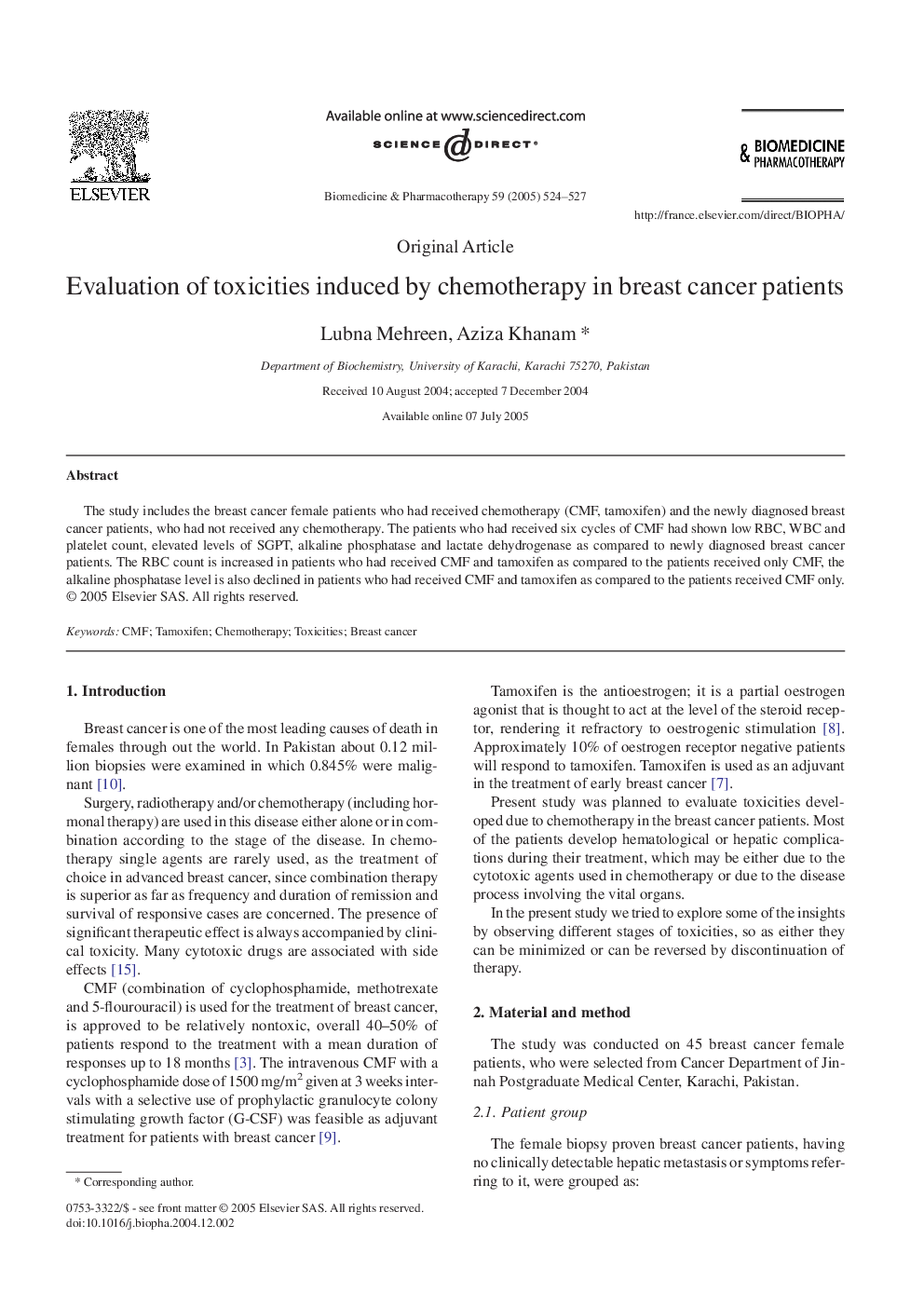 Evaluation of toxicities induced by chemotherapy in breast cancer patients