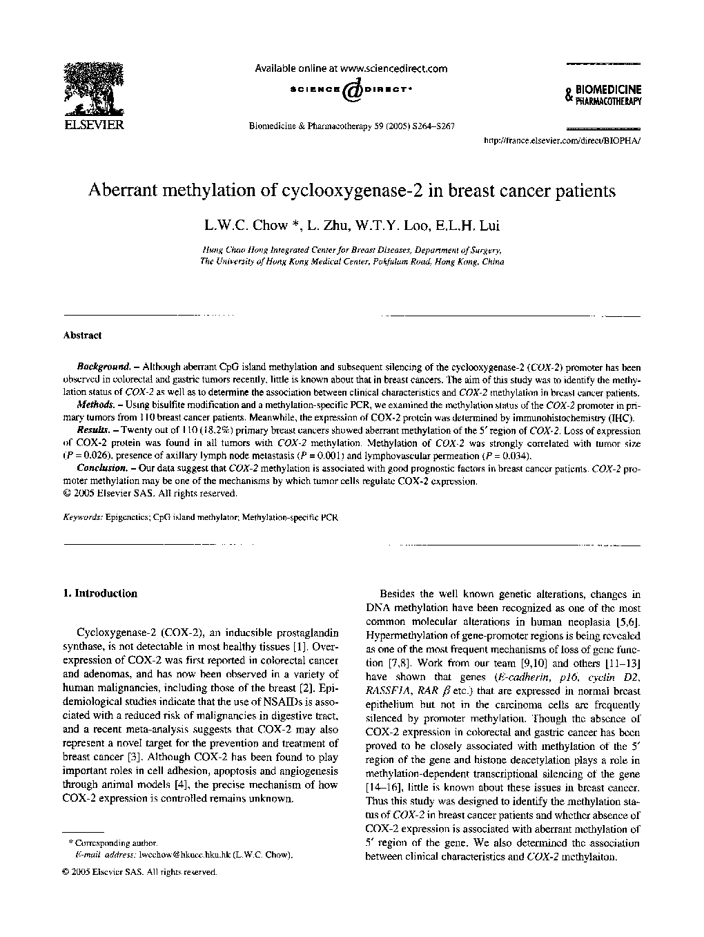 Aberrant methylation of cyclooxygenase-2 in breast cancer patients