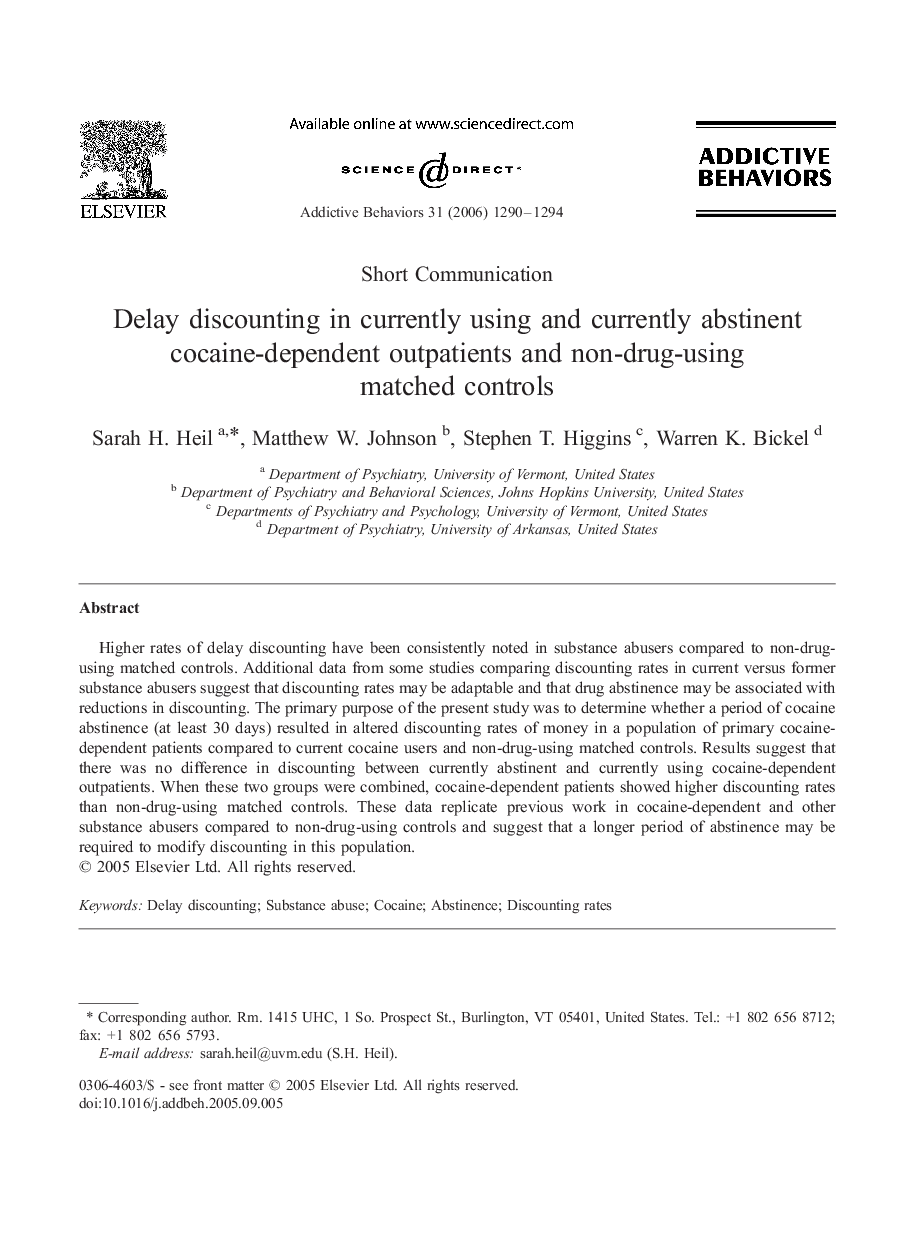 Delay discounting in currently using and currently abstinent cocaine-dependent outpatients and non-drug-using matched controls