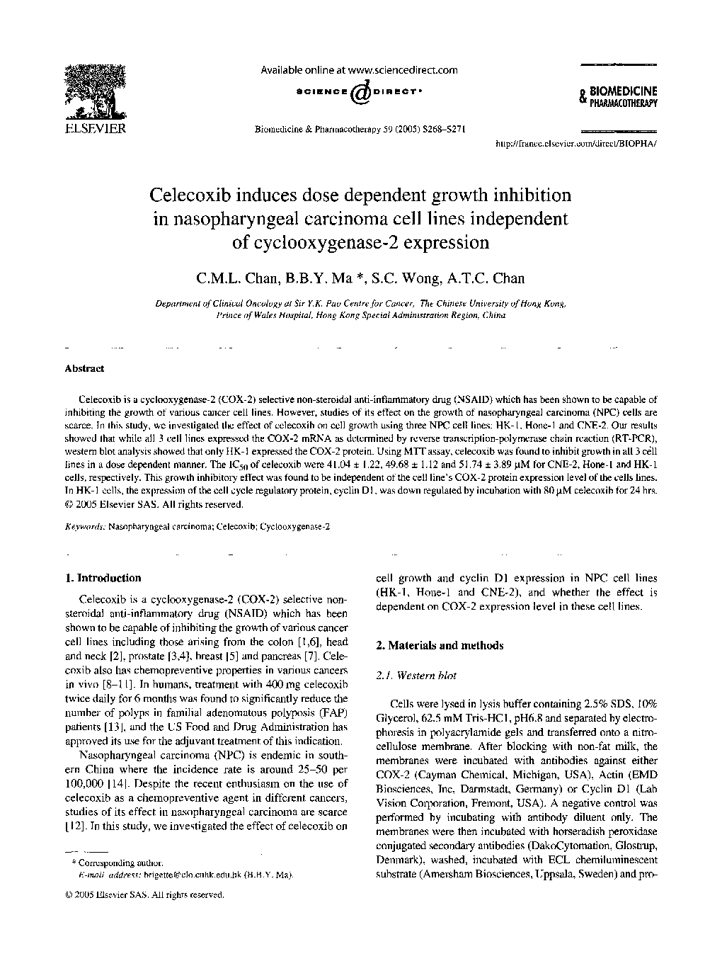 Celecoxib induces dose dependent growth inhibition in nasopharyngeal carcinoma cell lines independent of cyclooxygenase-2 expression