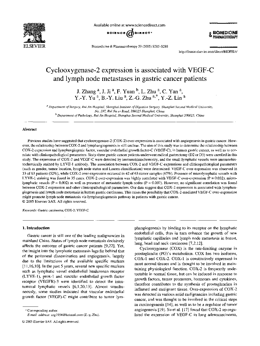 Cyclooxygenase-2 expression is associated with VEGF-C and lymph node metastases in gastric cancer patients