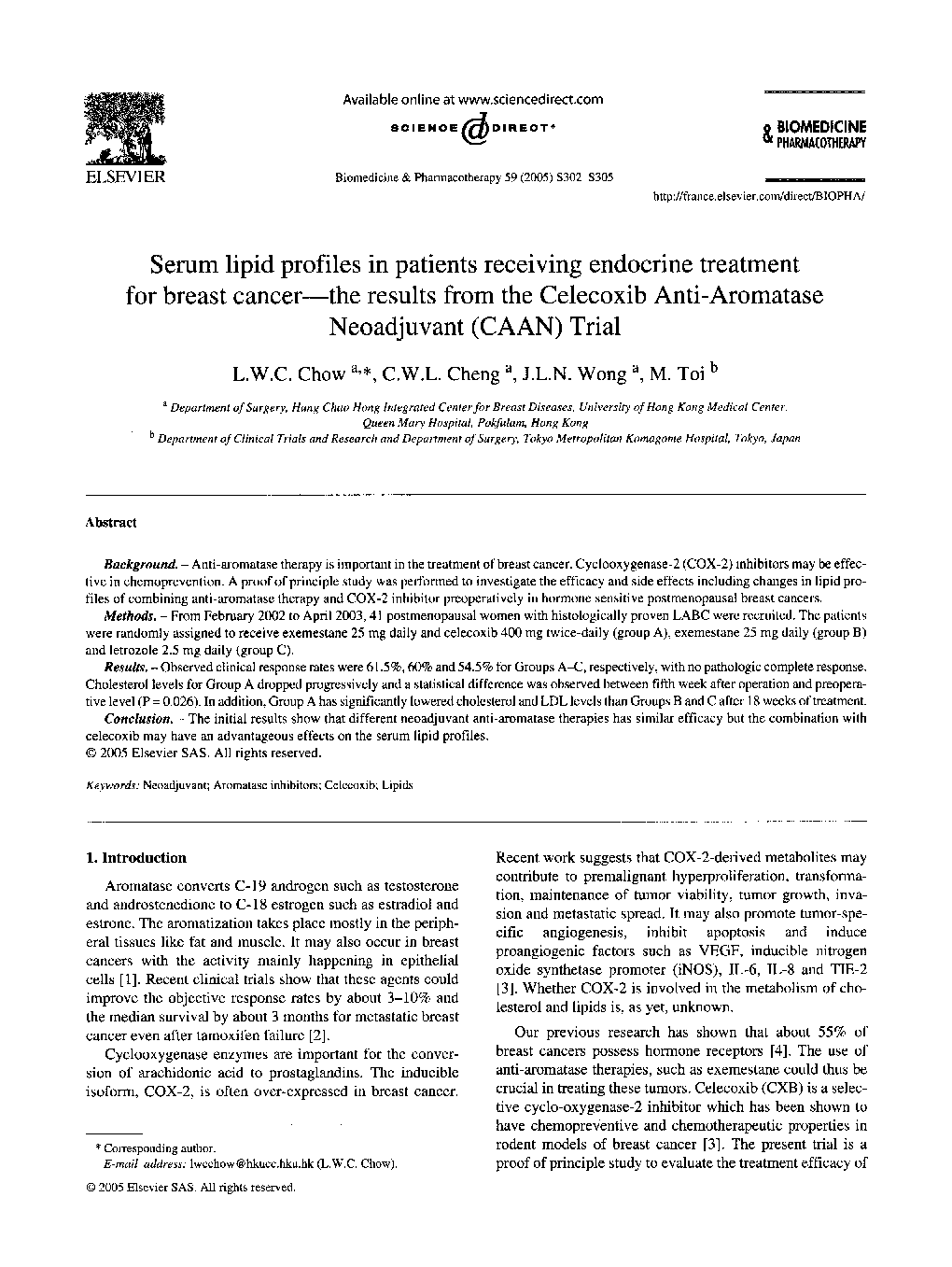 Serum lipid profiles in patients receiving endocrine treatment for breast cancer-the results from the Celecoxib Anti-Aromatase Neoadjuvant (CAAN) Trial