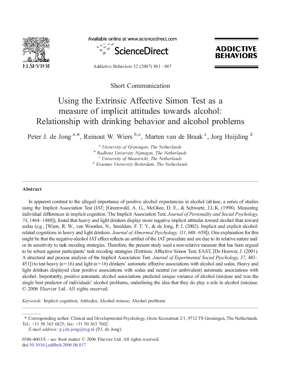 Using the Extrinsic Affective Simon Test as a measure of implicit attitudes towards alcohol: Relationship with drinking behavior and alcohol problems