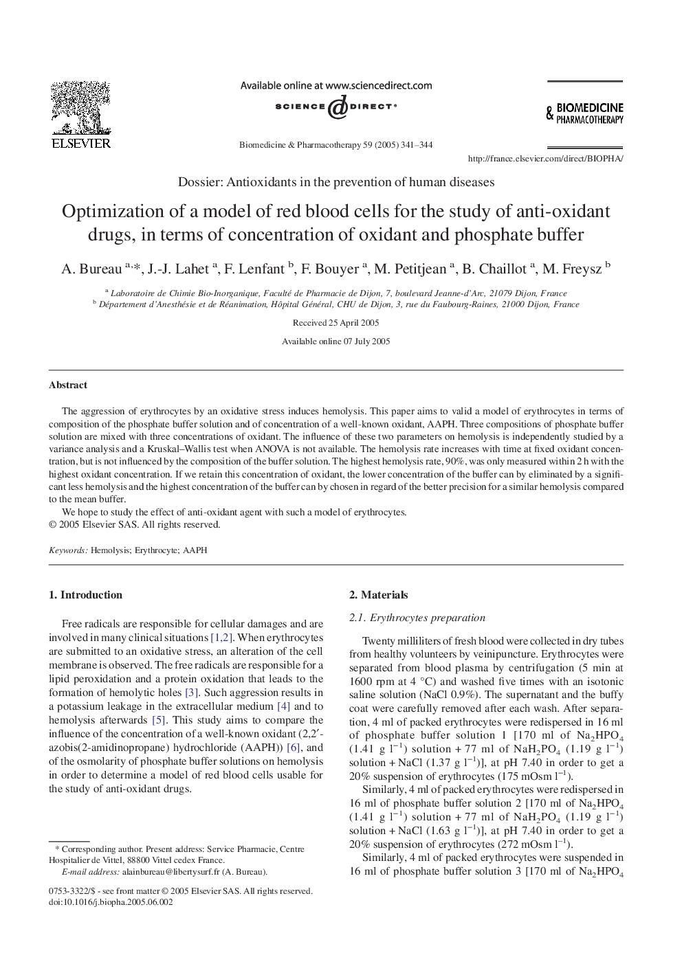 Optimization of a model of red blood cells for the study of anti-oxidant drugs, in terms of concentration of oxidant and phosphate buffer