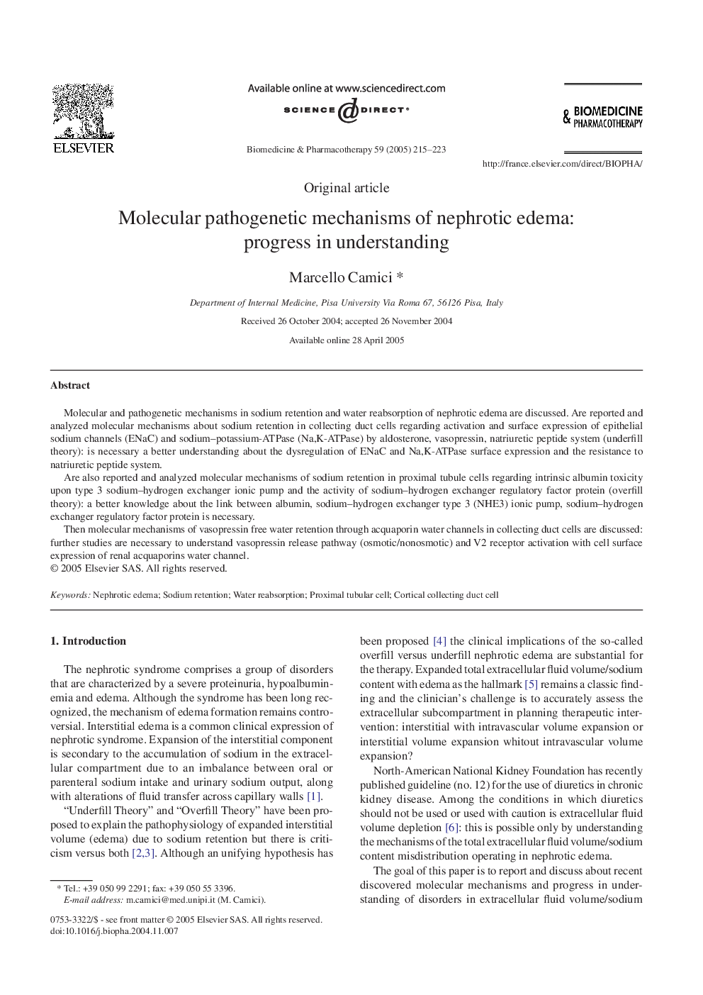 Molecular pathogenetic mechanisms of nephrotic edema: progress in understanding