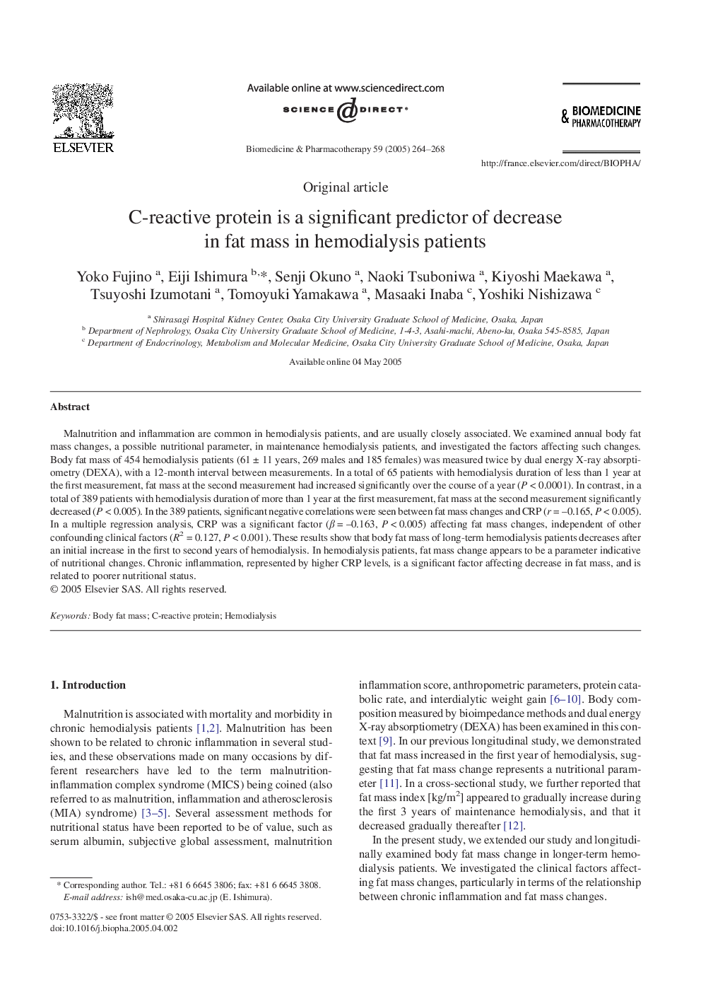 C-reactive protein is a significant predictor of decrease in fat mass in hemodialysis patients