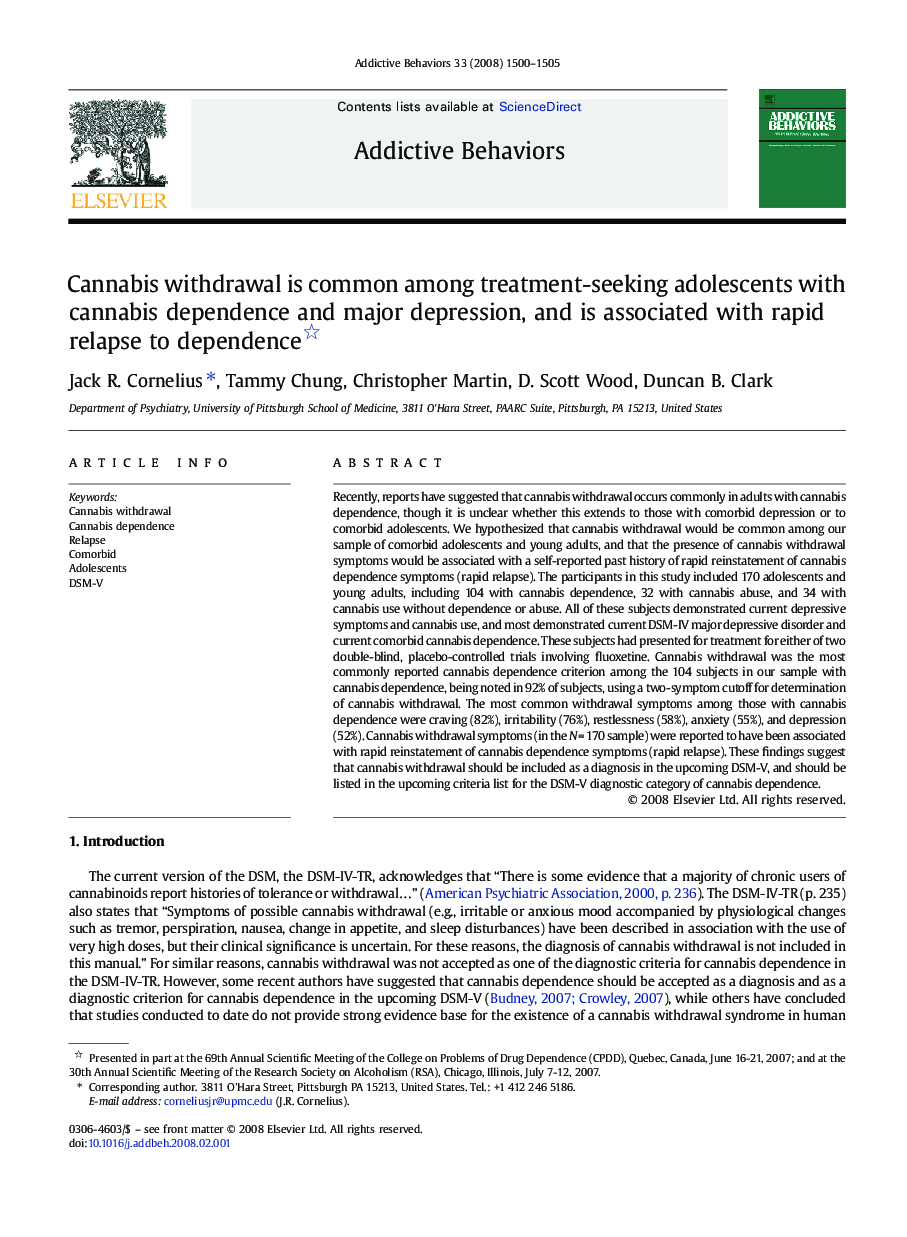 Cannabis withdrawal is common among treatment-seeking adolescents with cannabis dependence and major depression, and is associated with rapid relapse to dependence 