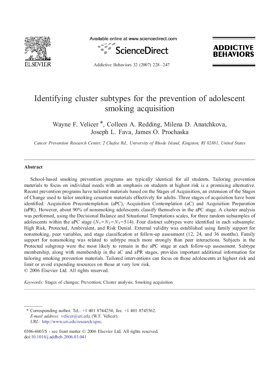 Identifying cluster subtypes for the prevention of adolescent smoking acquisition