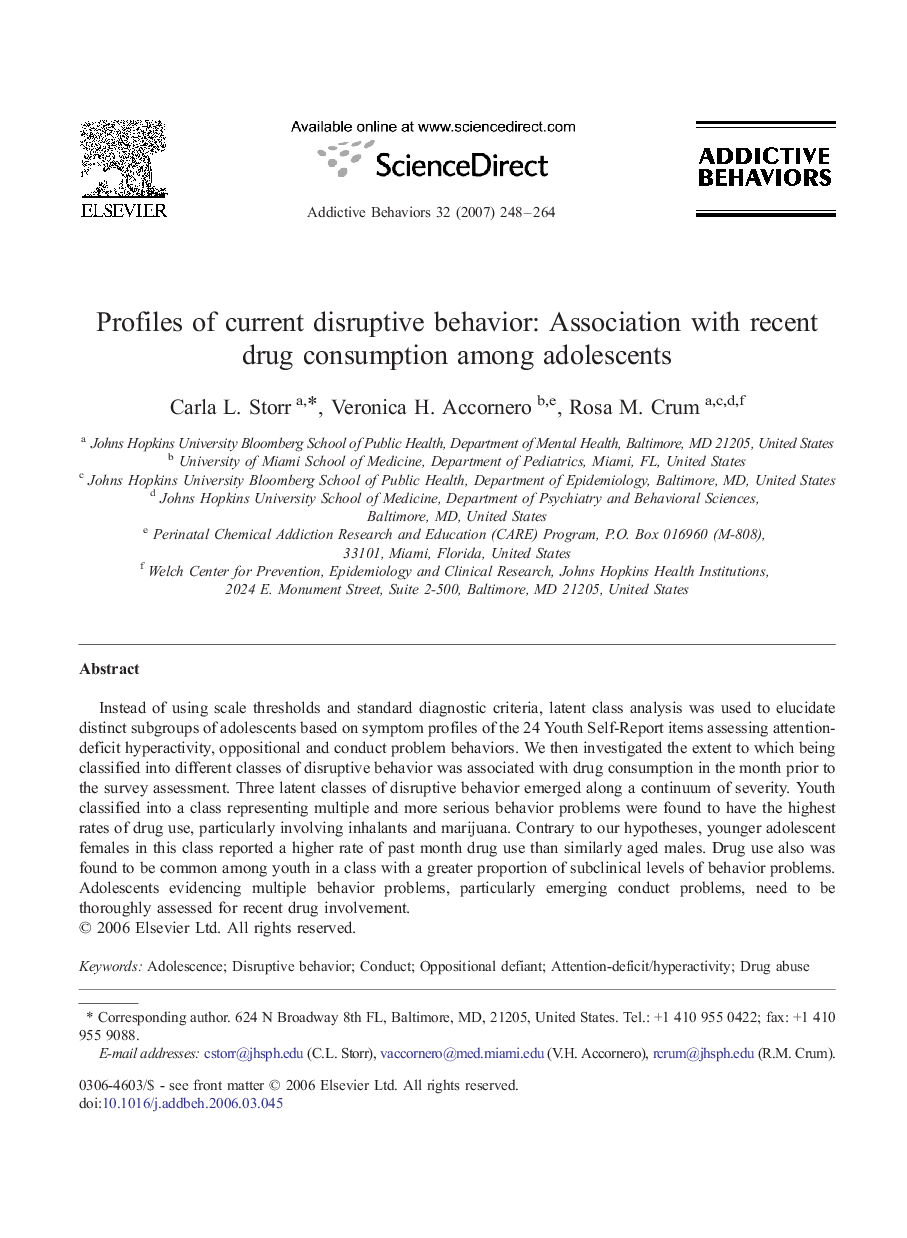 Profiles of current disruptive behavior: Association with recent drug consumption among adolescents