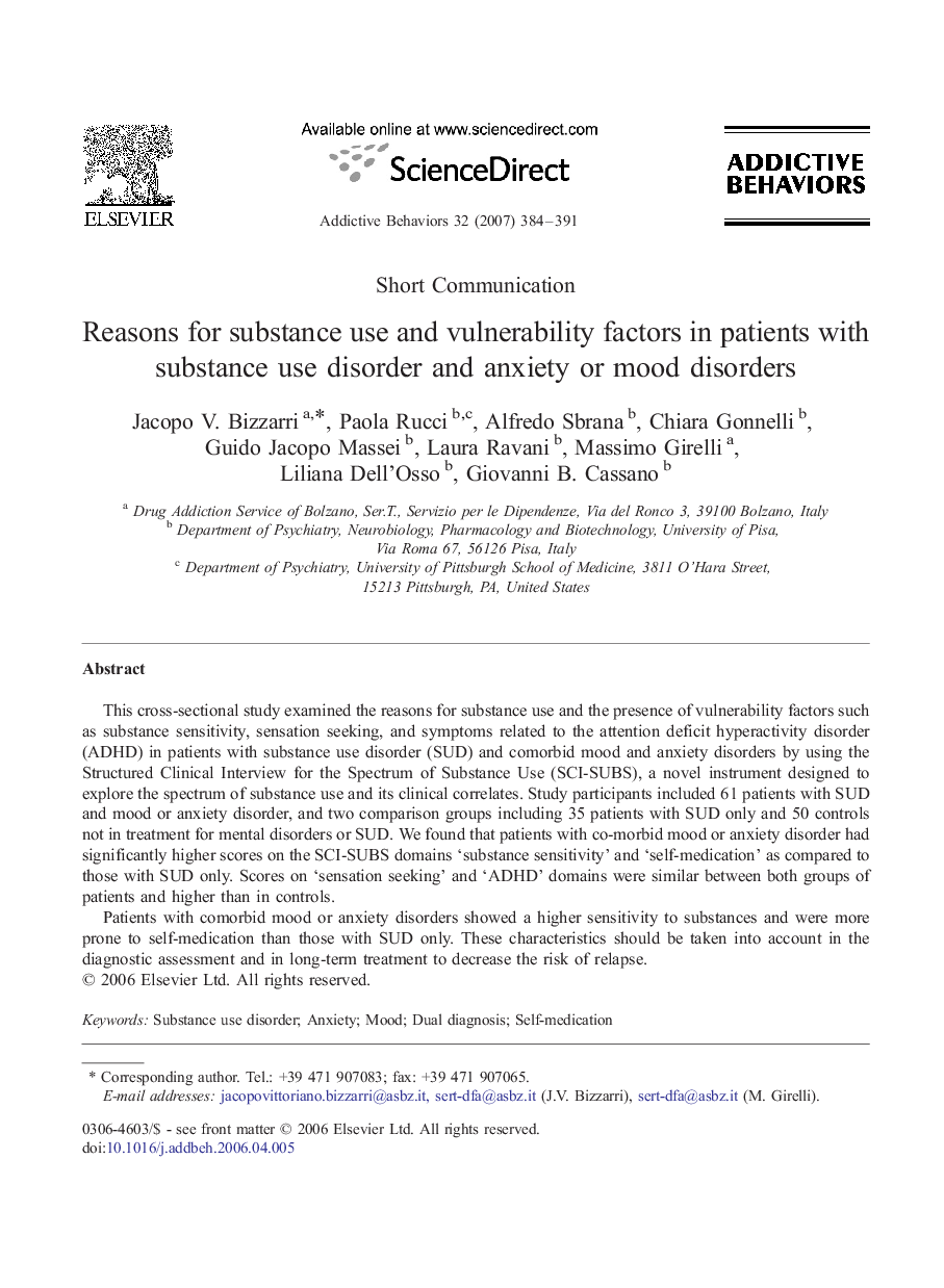 Reasons for substance use and vulnerability factors in patients with substance use disorder and anxiety or mood disorders