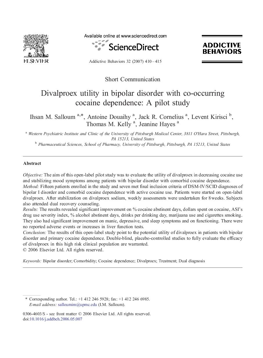 Divalproex utility in bipolar disorder with co-occurring cocaine dependence: A pilot study