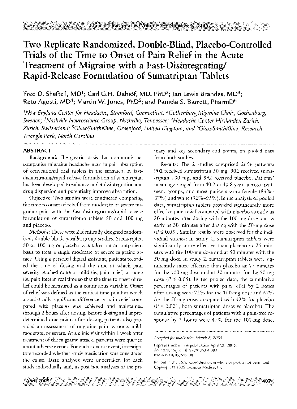 Two replicate randomized, double-blind, placebo-controlled trials of the time to onset of pain relief in the acute treatment of migraine with a fast-disintegrating/rapid-release formulation of sumatriptan tablets