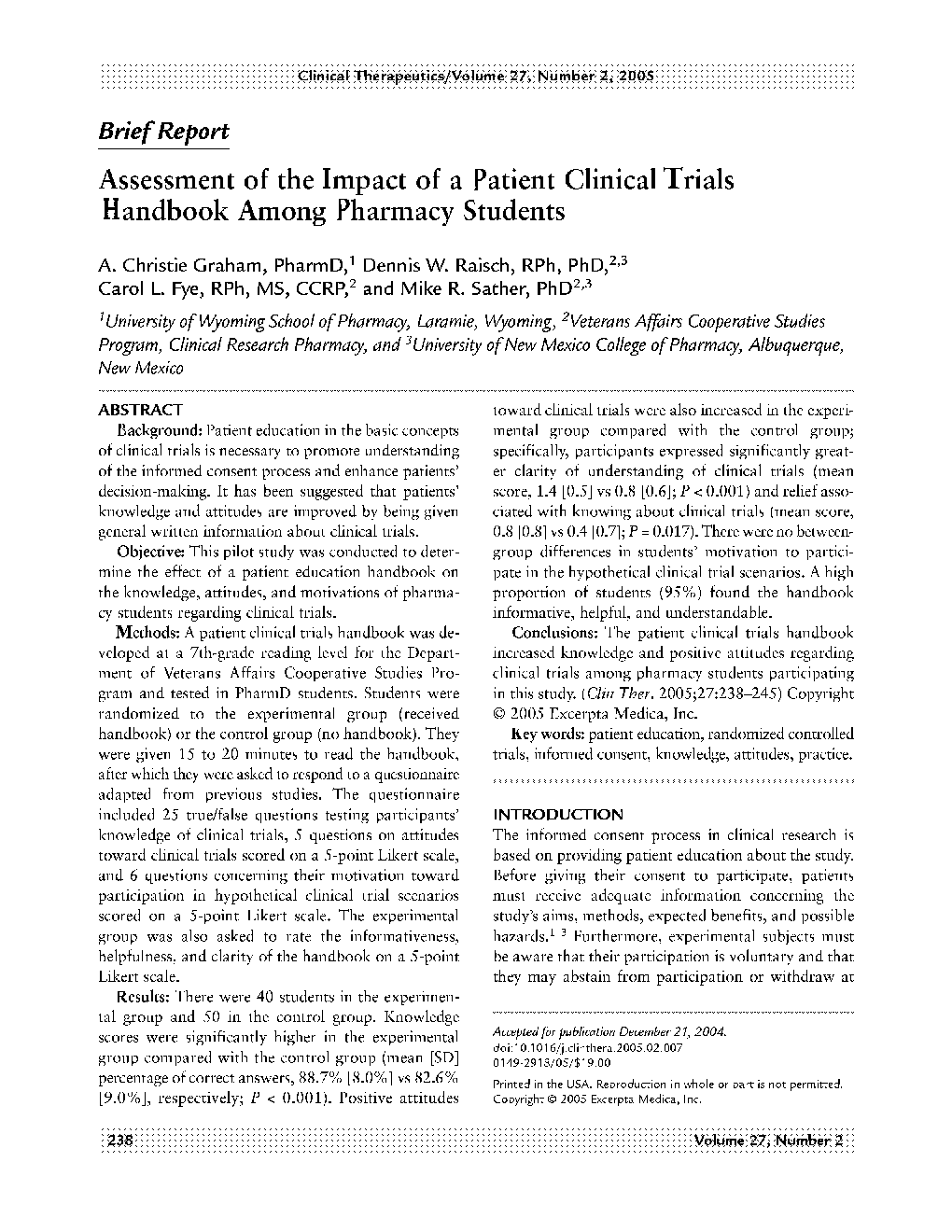 Assessment of the impact of a patient clinical trialshandbook among pharmacy students