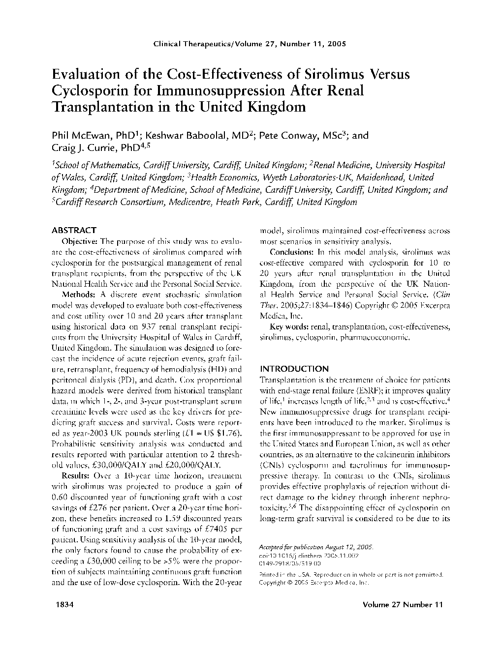 Evaluation of the cost-effectiveness of Sirolimus versus cyclosporin for immunosuppression after renal transplantation in the United Kingdom