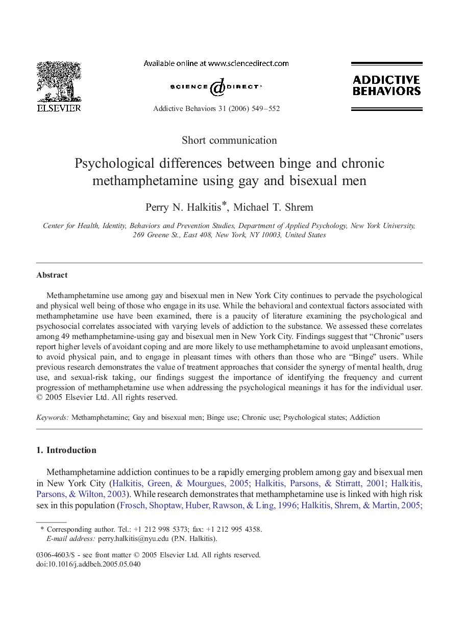 Psychological differences between binge and chronic methamphetamine using gay and bisexual men