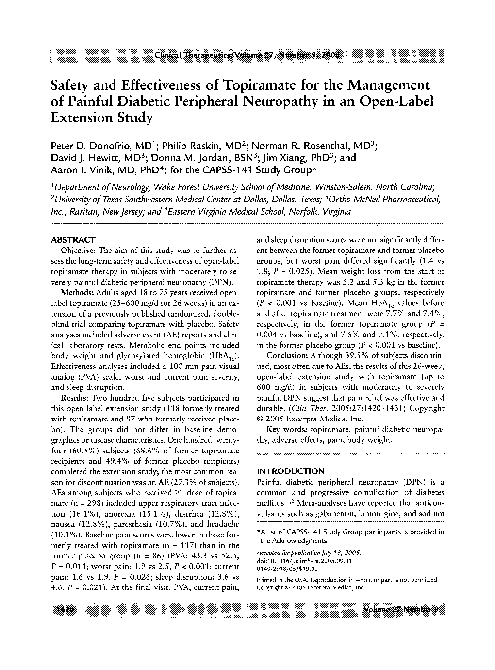 Safety and effectiveness of topiramate for the management of painful diabetic peripheral neuropathy in an open-label extension study