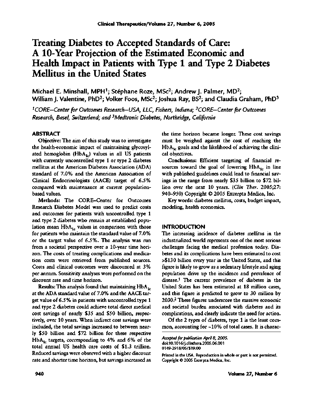 Treating diabetes to accepted standards of care: A 10-year projection of the estimated economic and health impact in patients with type 1 and type 2 diabetes mellitus in the United States