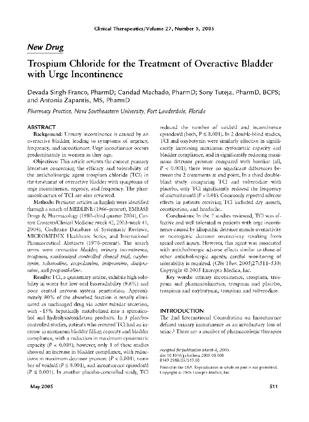 Trospium chloride for the treatment of overactive bladder with urge incontinence