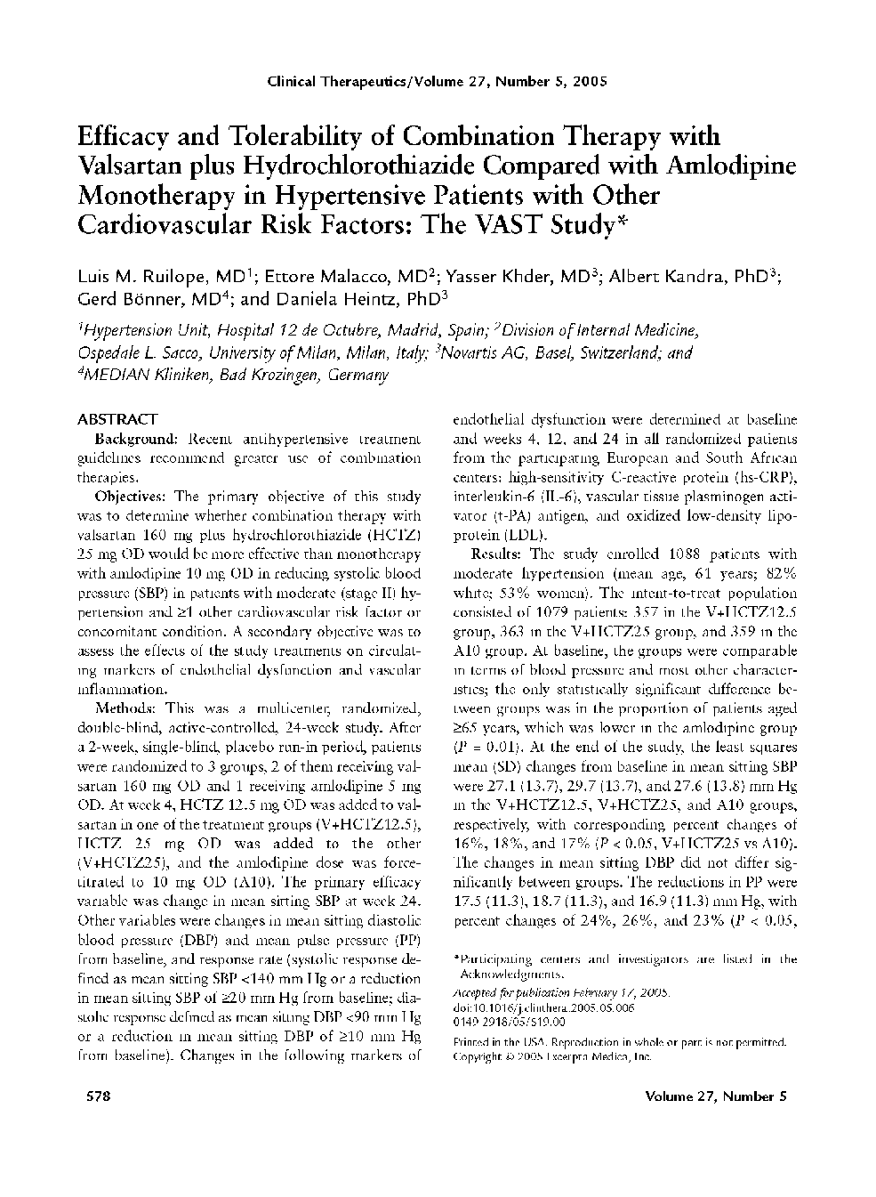 Efficacy and tolerability of combination therapy with valsartan plus hydrochlorothiazide compared with amlodipine monotherapy in hypertensive patients with other cardiovascular risk factors: The VAST study