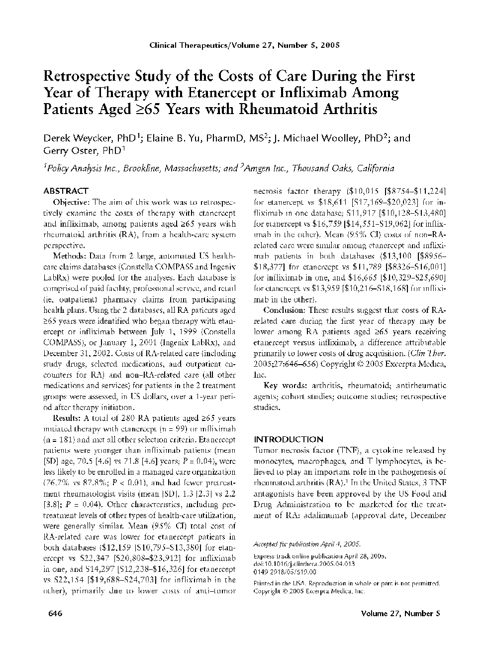 Retrospective study of the costs of care during the first year of therapy with etanercept or infliximab among patients aged â¥65 years with rheumatoid arthritis