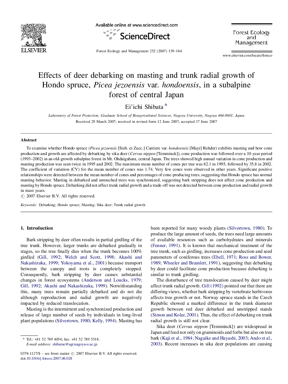 Effects of deer debarking on masting and trunk radial growth of Hondo spruce, Picea jezoensis var. hondoensis, in a subalpine forest of central Japan