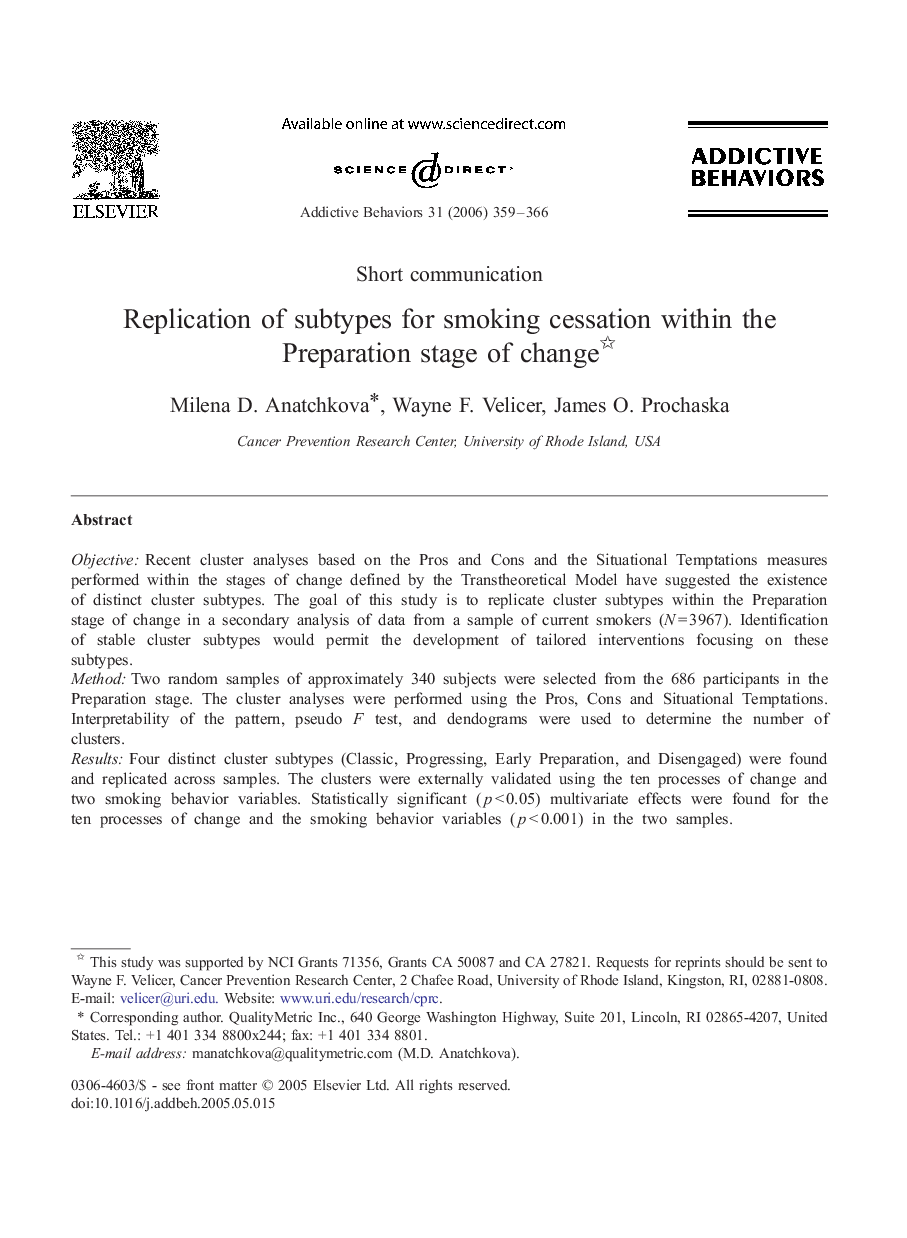 Replication of subtypes for smoking cessation within the Preparation stage of change 