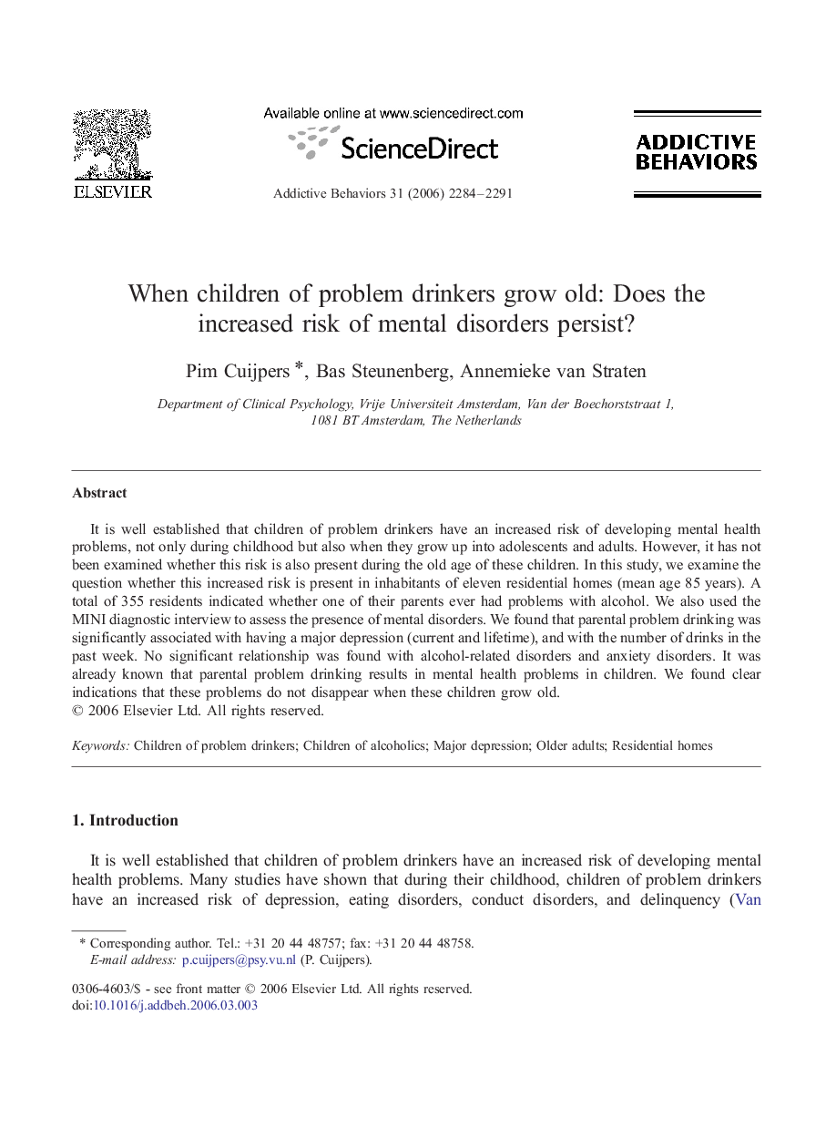 When children of problem drinkers grow old: Does the increased risk of mental disorders persist?