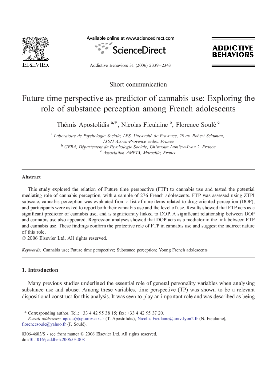 Future time perspective as predictor of cannabis use: Exploring the role of substance perception among French adolescents