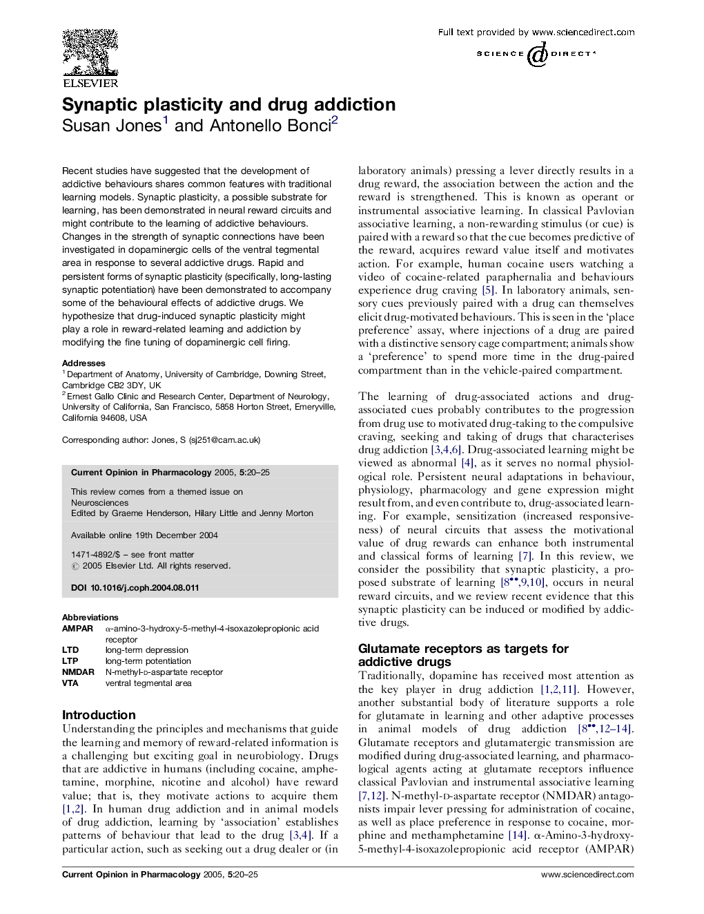 Synaptic plasticity and drug addiction