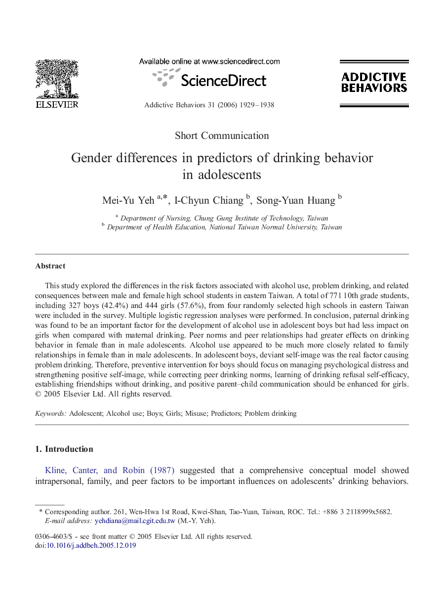 Gender differences in predictors of drinking behavior in adolescents