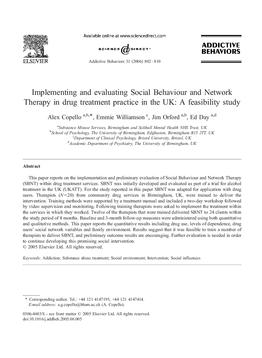 Implementing and evaluating Social Behaviour and Network Therapy in drug treatment practice in the UK: A feasibility study