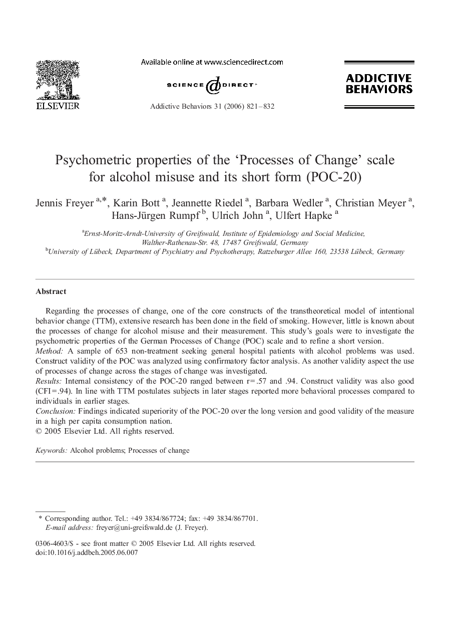 Psychometric properties of the ‘Processes of Change’ scale for alcohol misuse and its short form (POC-20)