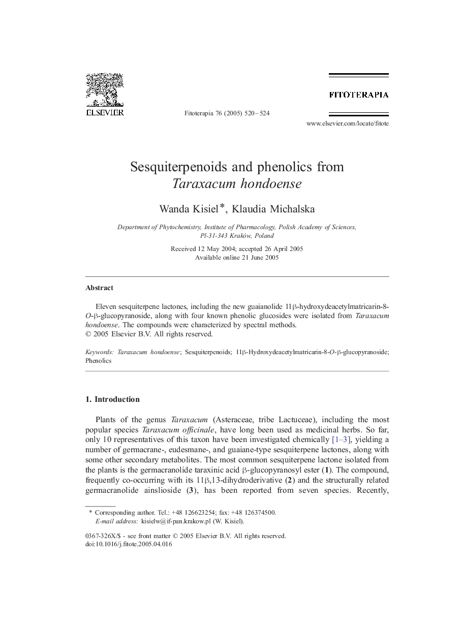 Sesquiterpenoids and phenolics from Taraxacum hondoense