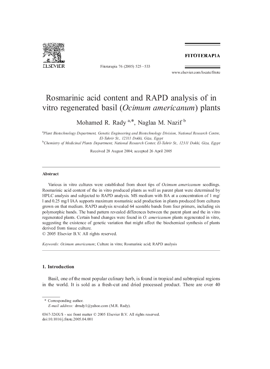 Rosmarinic acid content and RAPD analysis of in vitro regenerated basil (Ocimum americanum) plants