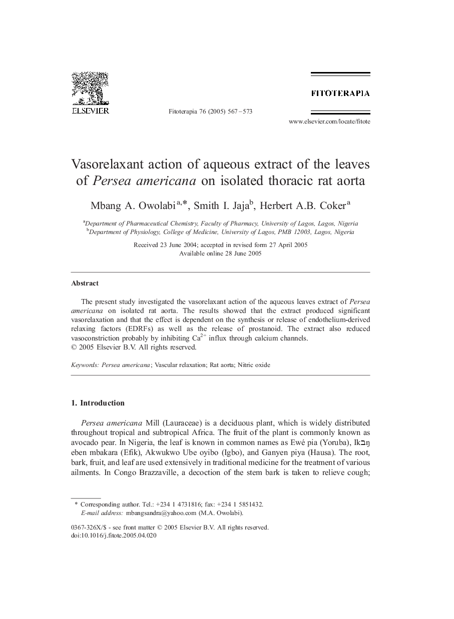 Vasorelaxant action of aqueous extract of the leaves of Persea americana on isolated thoracic rat aorta