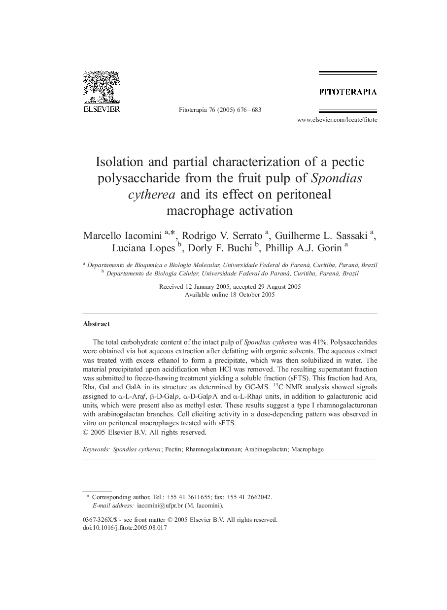 Isolation and partial characterization of a pectic polysaccharide from the fruit pulp of Spondias cytherea and its effect on peritoneal macrophage activation