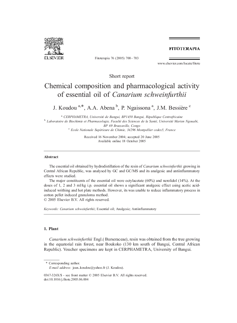 Chemical composition and pharmacological activity of essential oil of Canarium schweinfurthii