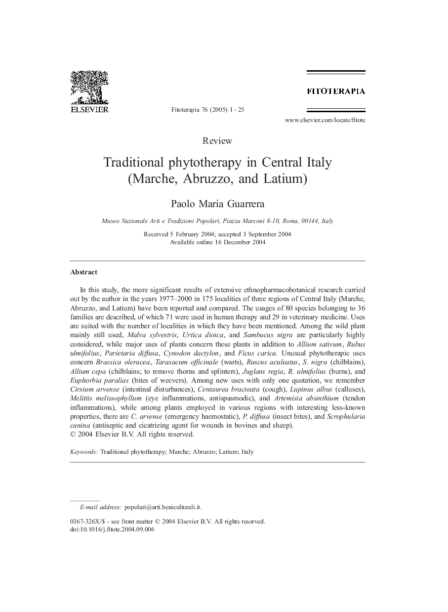 Traditional phytotherapy in Central Italy (Marche, Abruzzo, and Latium)