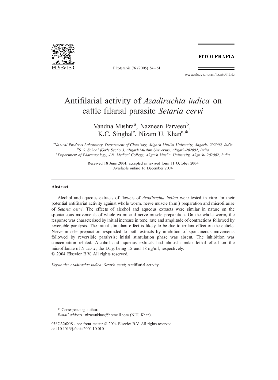 Antifilarial activity of Azadirachta indica on cattle filarial parasite Setaria cervi