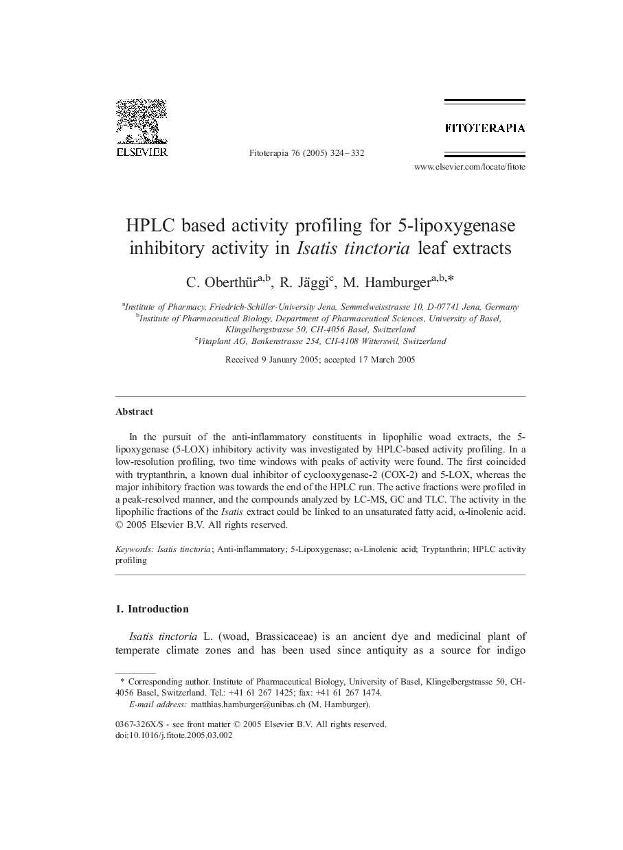 HPLC based activity profiling for 5-lipoxygenase inhibitory activity in Isatis tinctoria leaf extracts