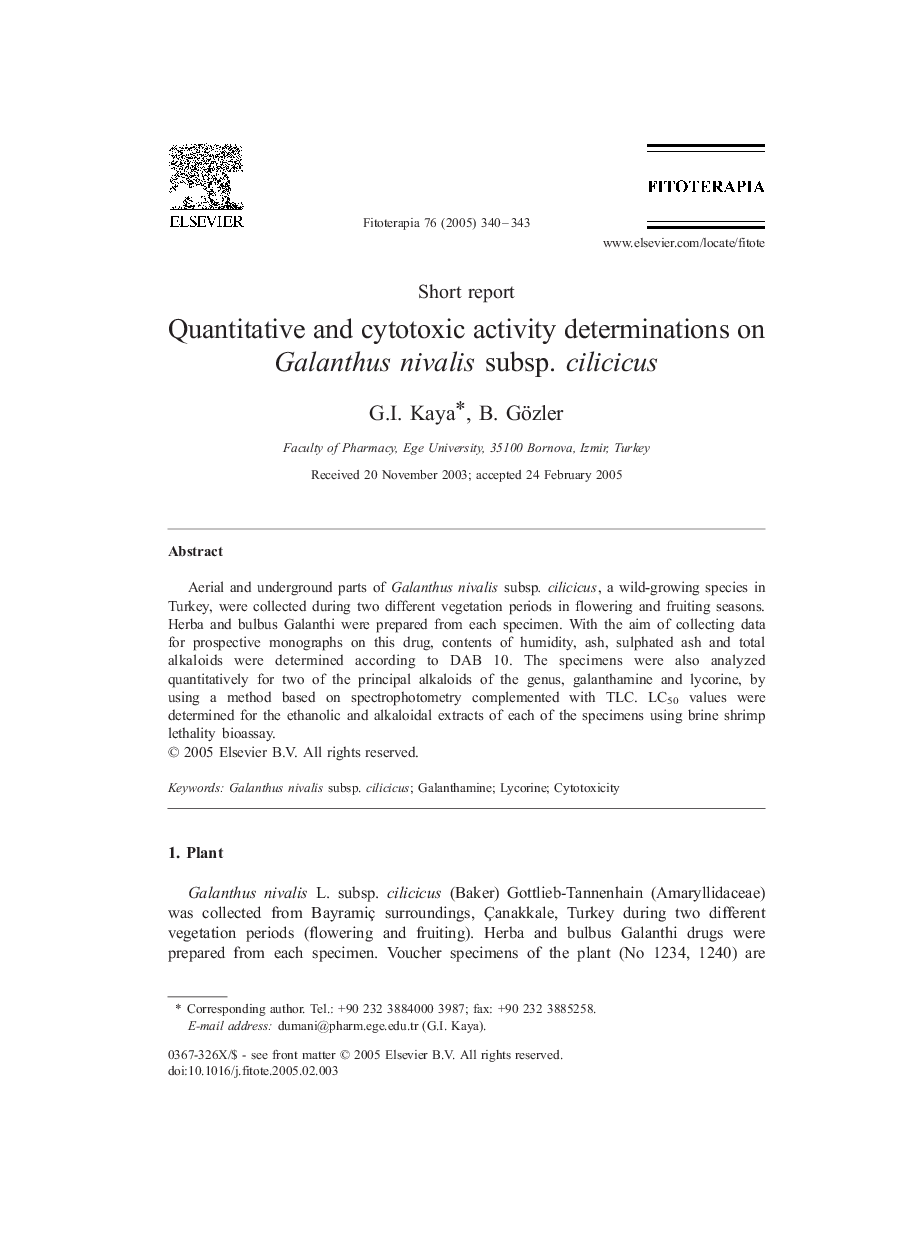 Quantitative and cytotoxic activity determinations on Galanthus nivalis subsp. cilicicus