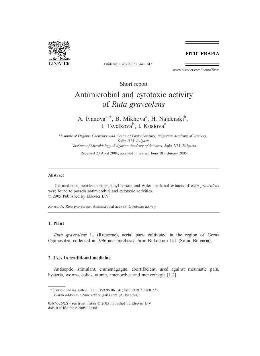 Antimicrobial and cytotoxic activity of Ruta graveolens