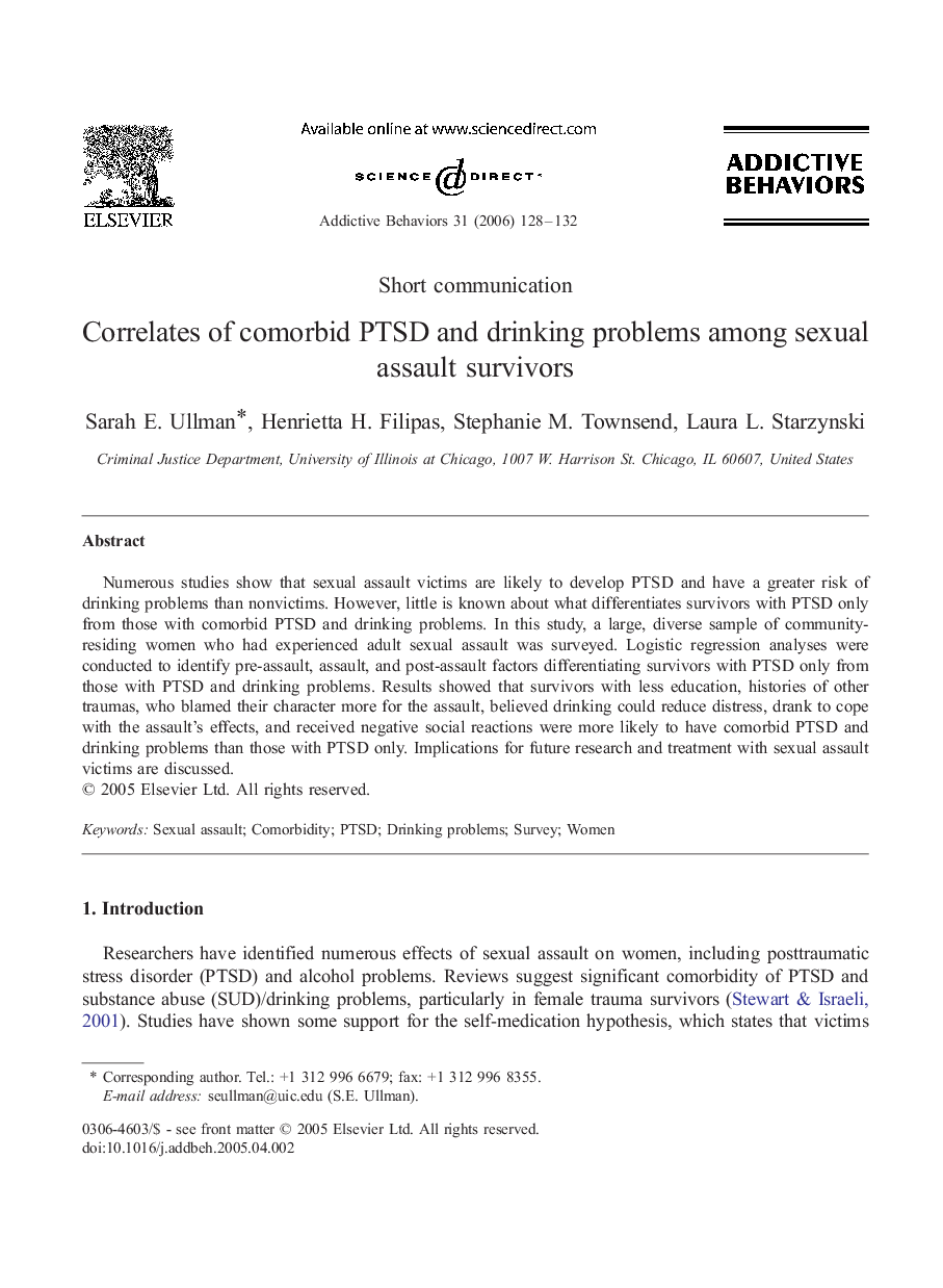 Correlates of comorbid PTSD and drinking problems among sexual assault survivors