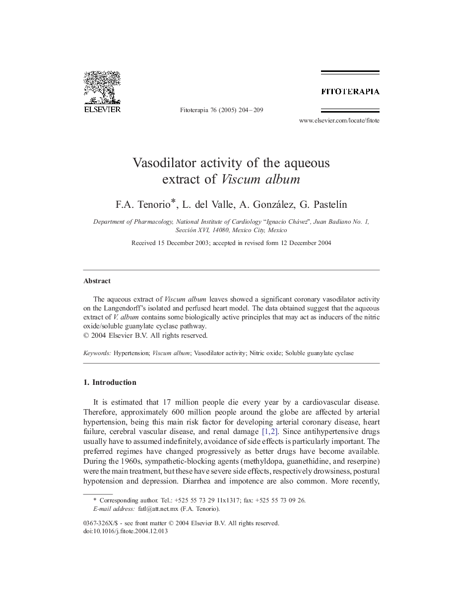 Vasodilator activity of the aqueous extract of Viscum album