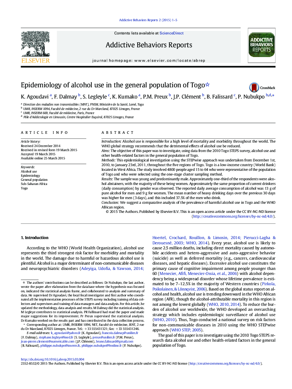 Epidemiology of alcohol use in the general population of Togo 