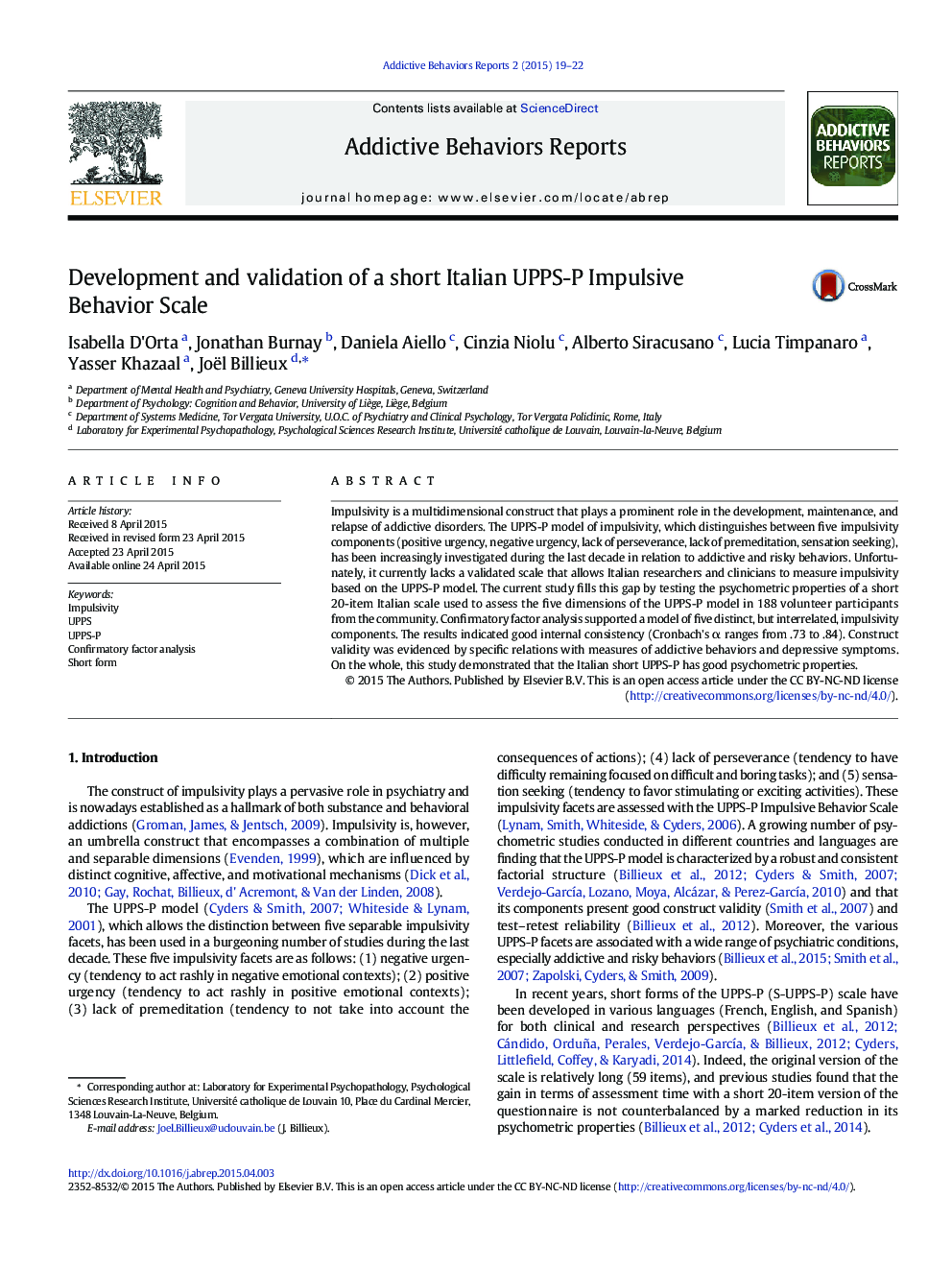 Development and validation of a short Italian UPPS-P Impulsive Behavior Scale